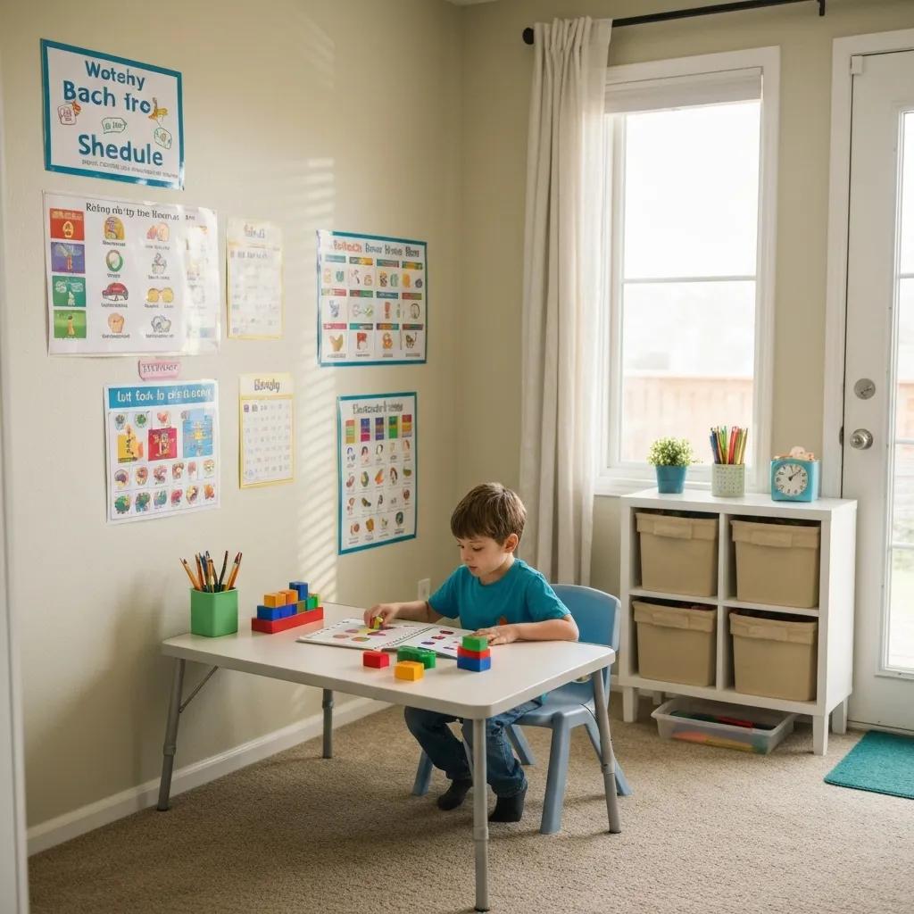 A welcoming and organized home environment set up for ABA therapy, featuring visual aids, designated learning spaces, and tools that promote effective family engagement.