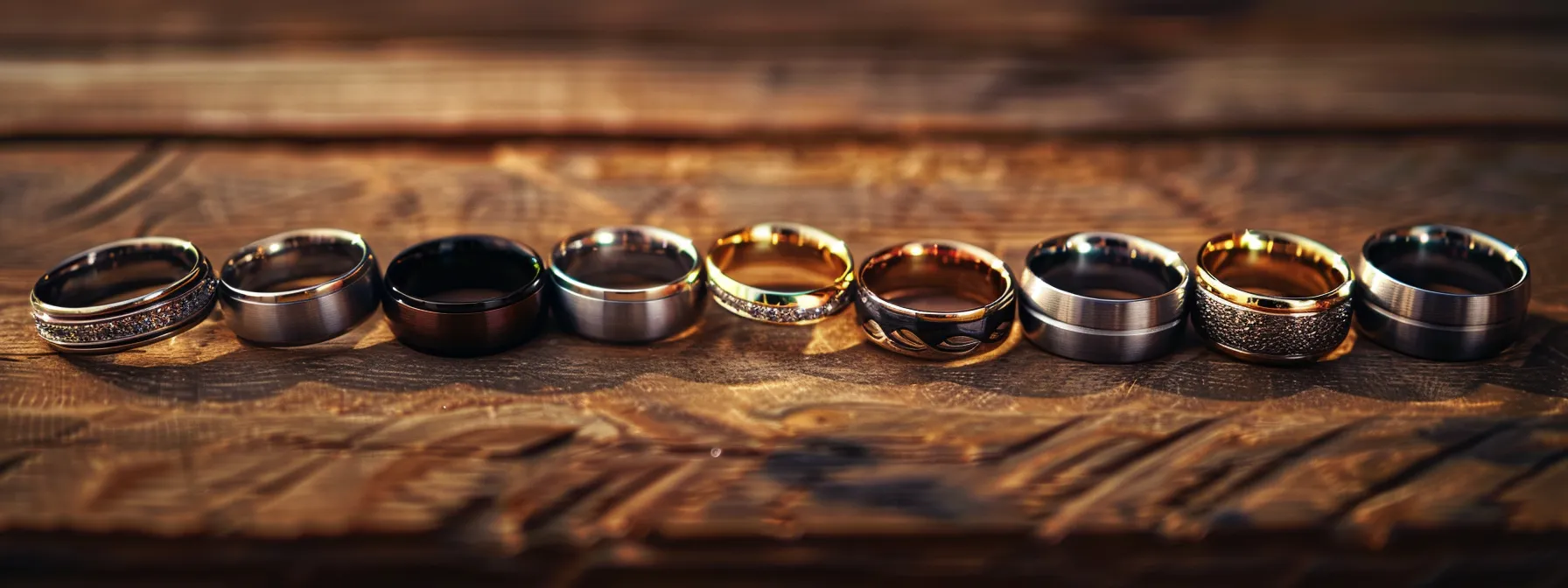 a close-up of various men's rings made of different metals lined up side by side on a wooden table.