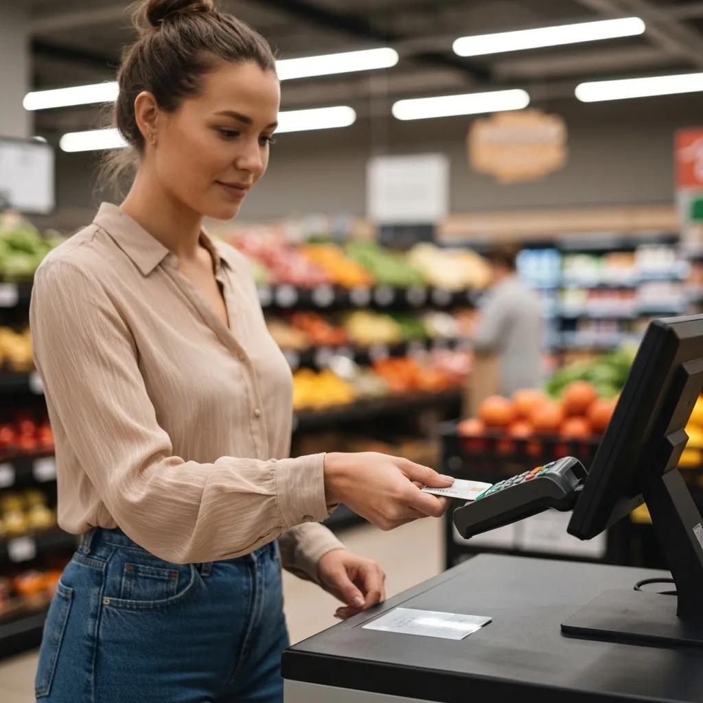 Persona utilizando una tarjeta de cr&eacute;dito en un terminal de punto de venta seguro, destacando la seguridad en las transacciones.