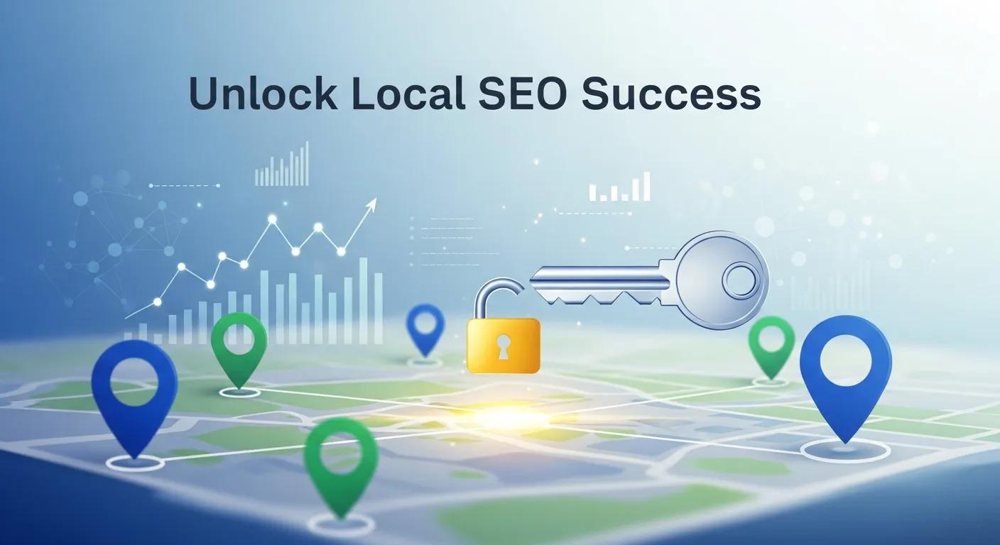 Unlock Local SEO Success graphic with a key, lock, and location markers representing local SEO strategies and data analytics.