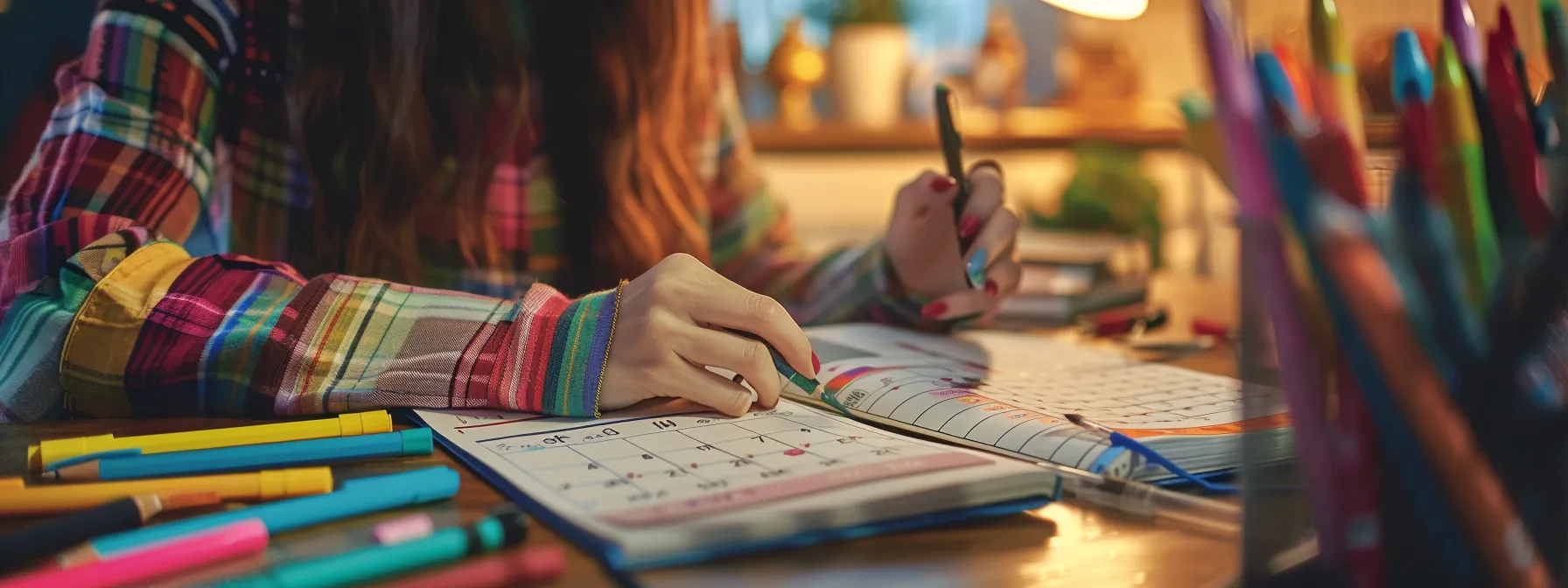 a person sitting at a desk, surrounded by colorful markers and a june 2025 calendar, highlighted and filled with important dates and notes.