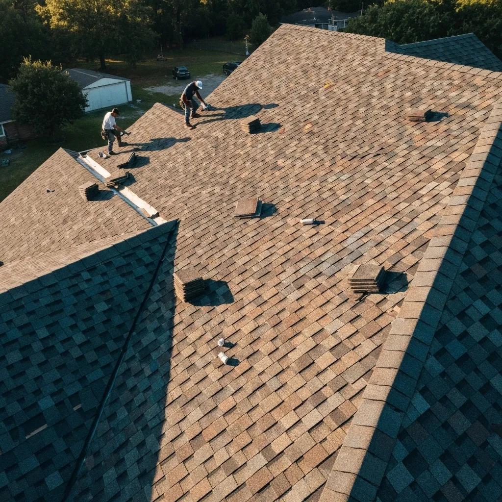 Roofing crew expertly replacing asphalt shingles, demonstrating teamwork and the use of quality materials Roofing crew expertly replacing asphalt shingles, demonstrating teamwork and the use of quality materials