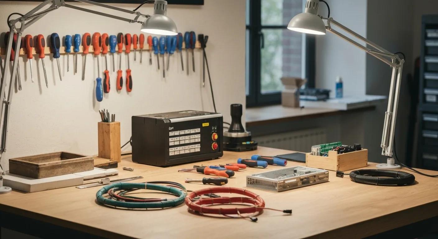 A modern, well-organized electrical workshop or toolkit with wires, circuit breakers, voltage meters, light bulbs, and electrical blueprints. Background features stylized city skyline representing Birmingham, UK. Infographic-style layout with icons of clocks and currency symbols to suggest hourly rates. Clean, professional design, no people or animals.