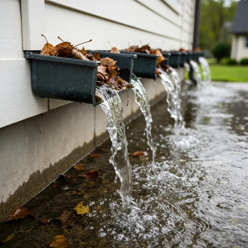 Blocked gutters overflowing with debris and water pooling around a house