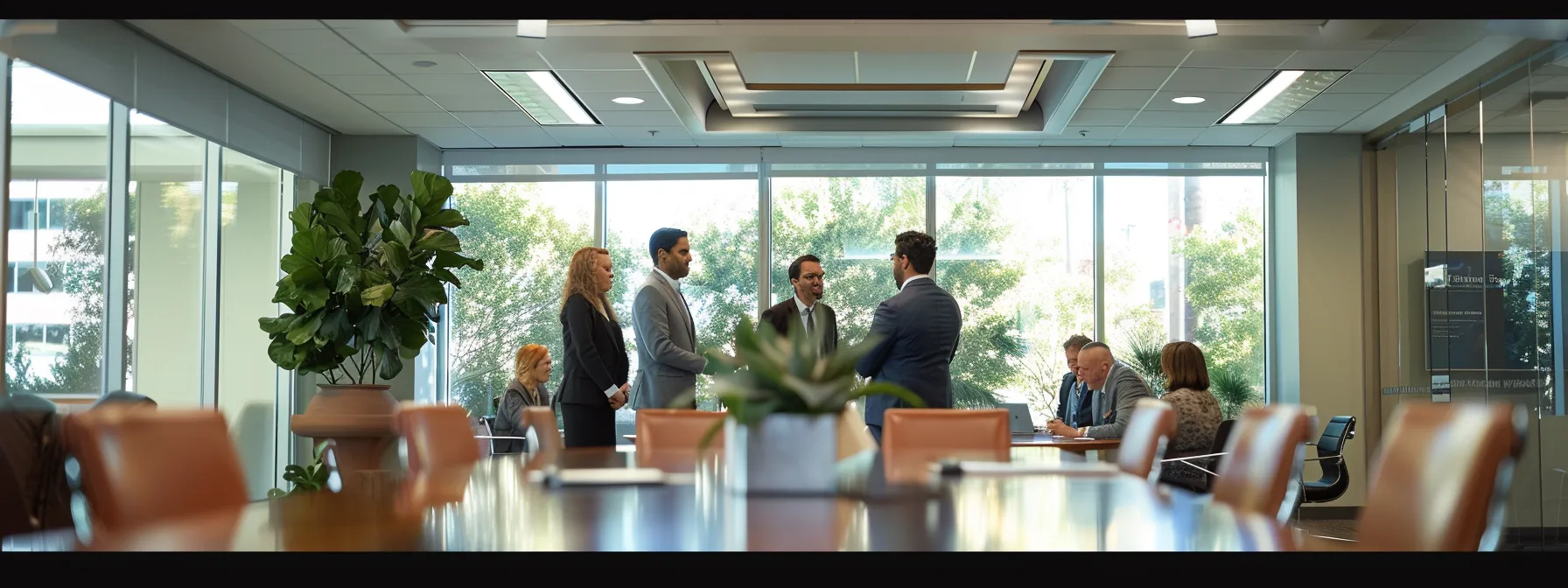 a group of insurance agents discussing policy options in a conference room.