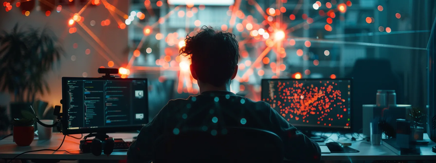 a person sitting in front of a computer, participating in an online mindfulness community, surrounded by virtual connections and shared experiences.