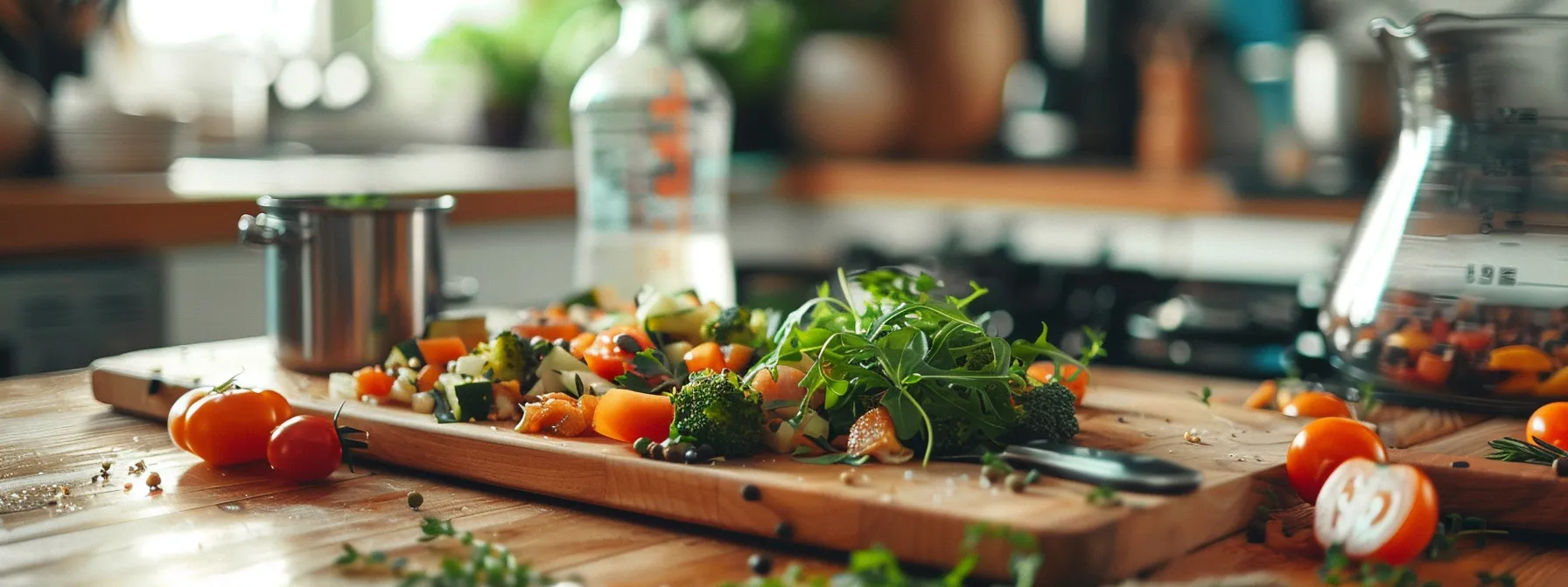 close-up of a balanced meal being prepared on a wooden cutting board beside a measuring cup for water.