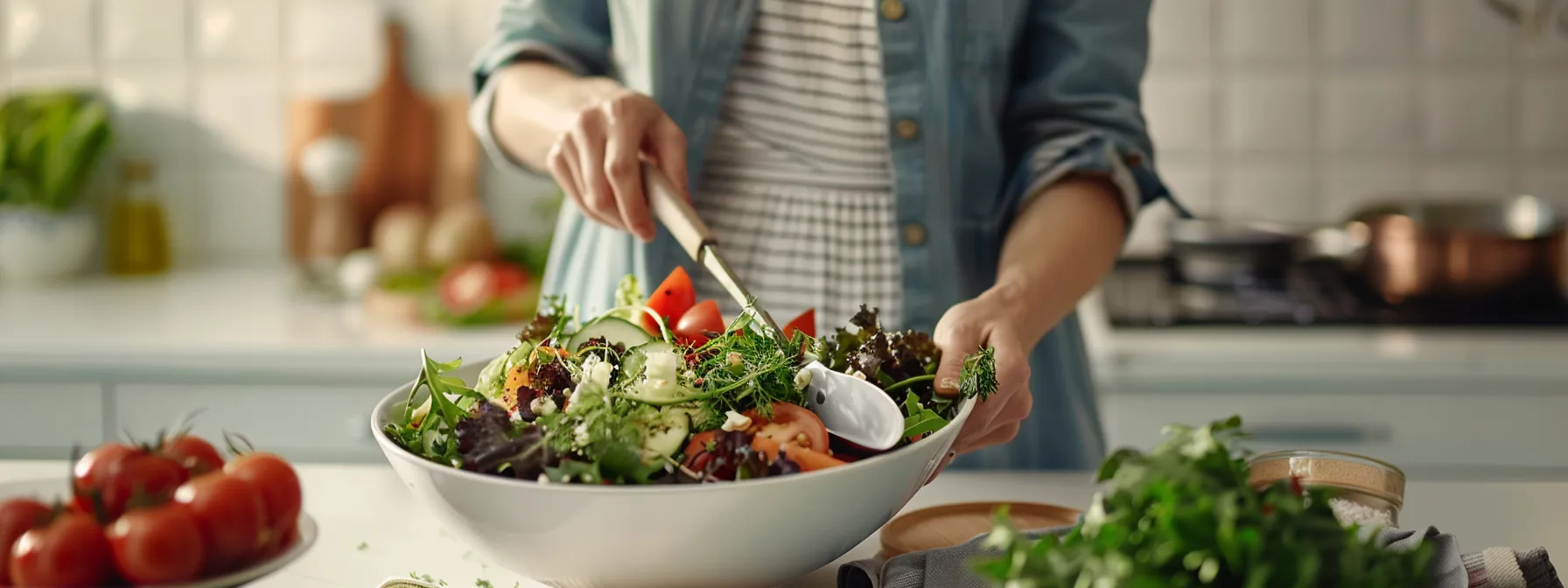 a person preparing a colorful salad with a variety of fresh ingredients on a clean white countertop.