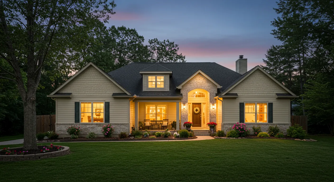 Exterior of a custom home at dusk with lights on and a welcoming feel