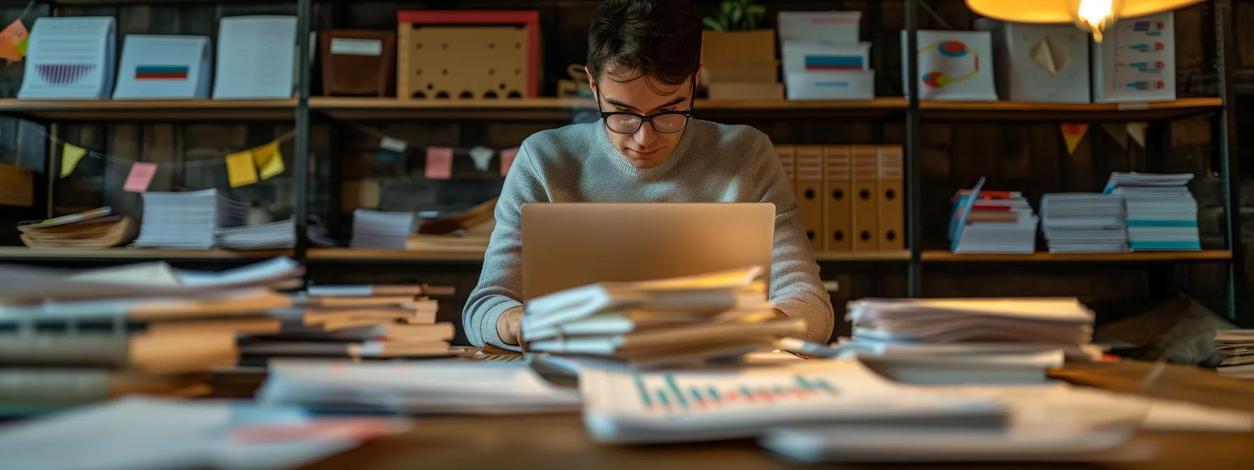 a person comparing offers from multiple lenders on a sleek, modern laptop, surrounded by stacks of paperwork and charts.