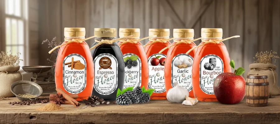 Assorted jars of infused honey with spices and ingredients — culinary and beverage uses Assorted jars of infused honey with spices and ingredients — culinary and beverage uses