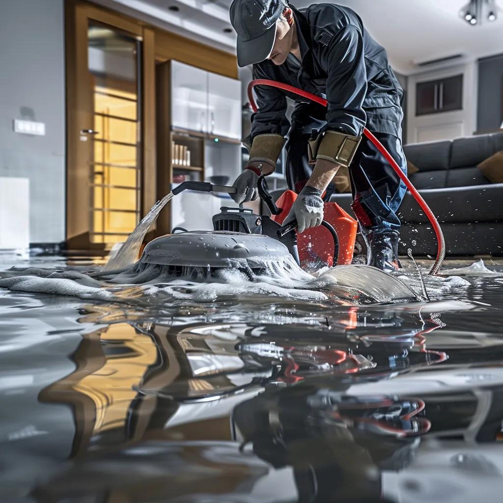 Water damage restoration technician extracting water from a flooded living room