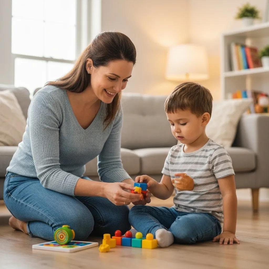 Parent and child engaging in ABA techniques in a cozy living room