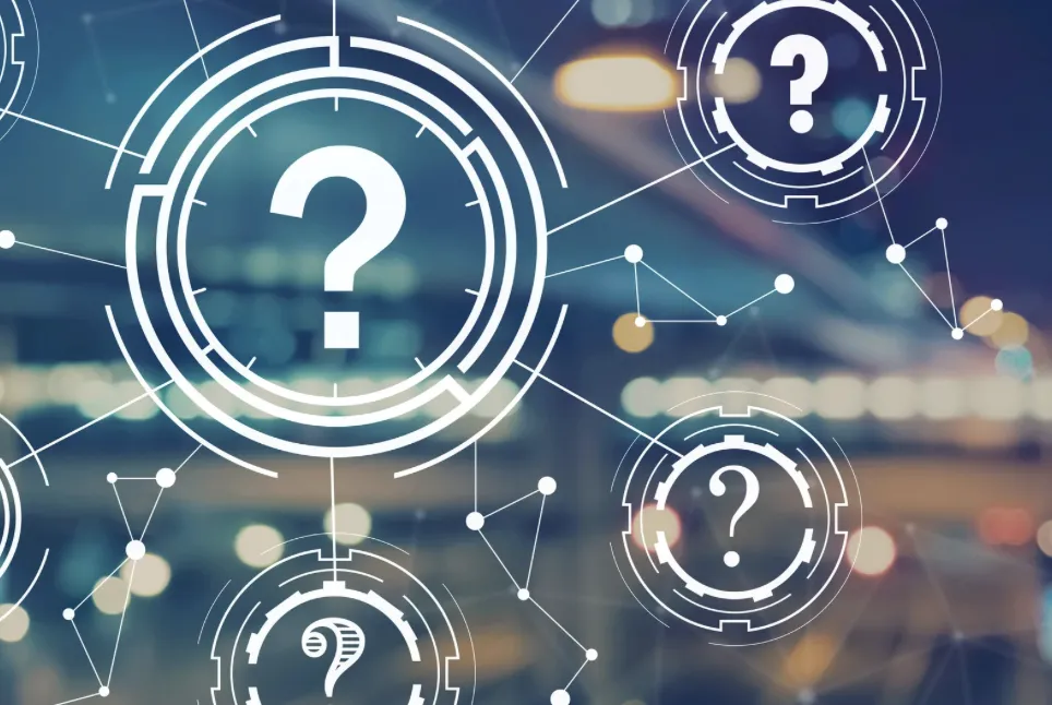 Abstract digital graphic featuring interconnected question mark icons representing problem-solving, inquiry, and information search.