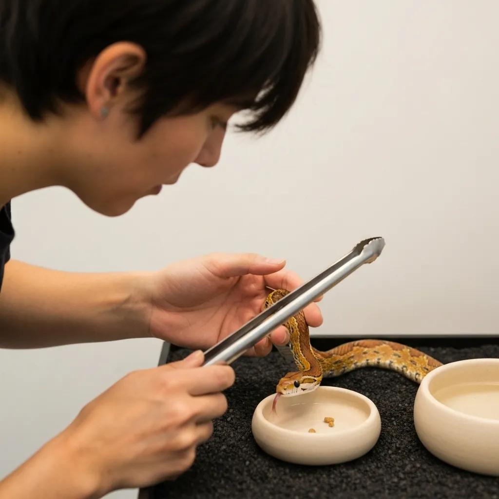A person using long feeding tongs to safely feed a corn snake, demonstrating proper feeding techniques