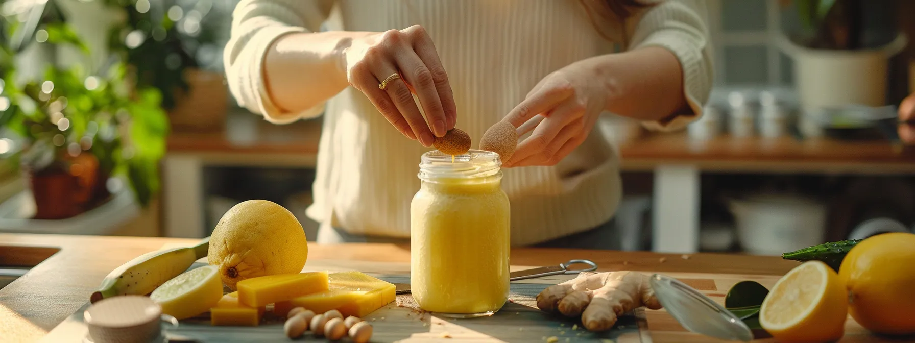 a woman preparing a nutritious smoothie with fresh ginger and vitamin d supplements.