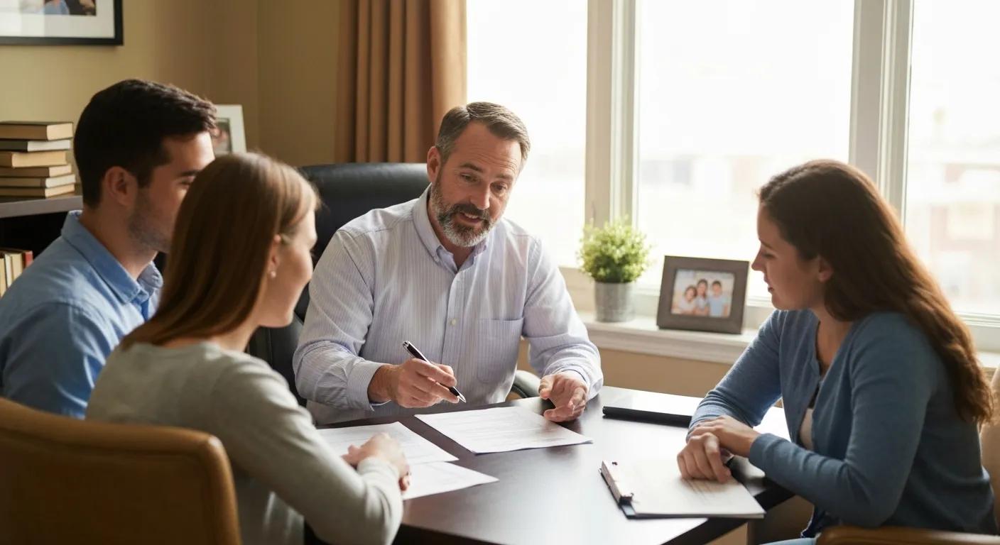 Local mortgage lender explaining various financing options, including VA, FHA, and conventional loans, to a couple in Waynesboro VA.