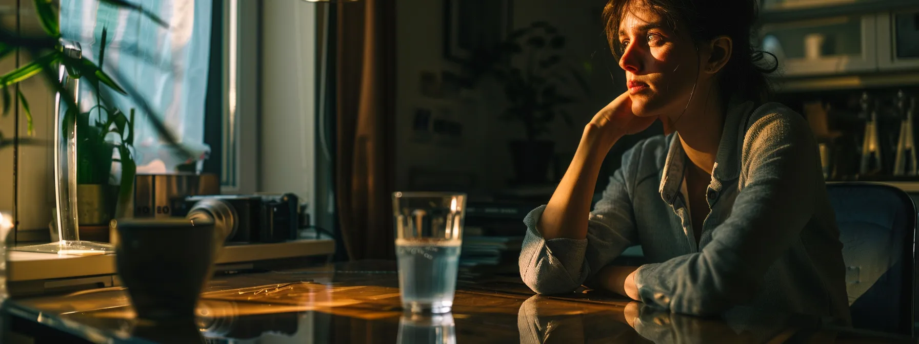 a person sitting at a desk with a glass of water nearby, looking contemplative and aware of the risks of prolonged sitting.