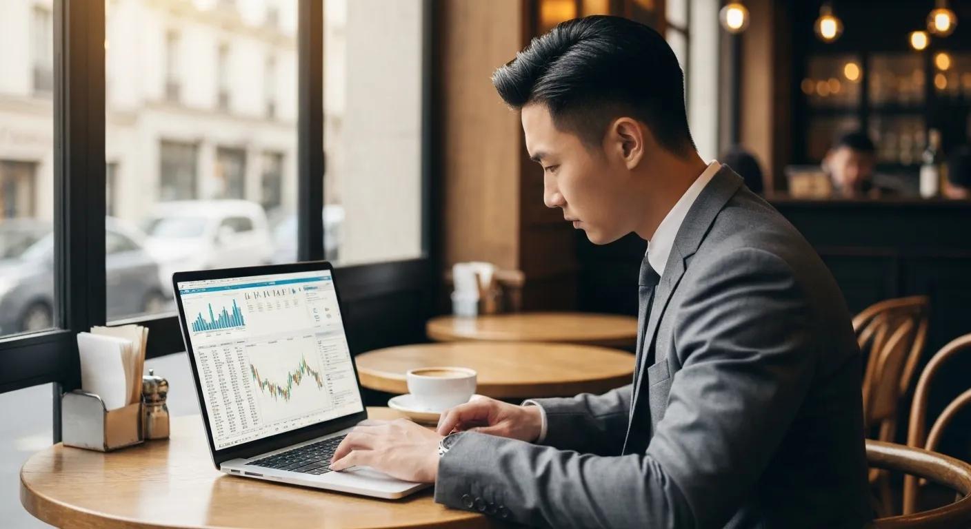 Young professional intently analysing stock market data in a cafe setting