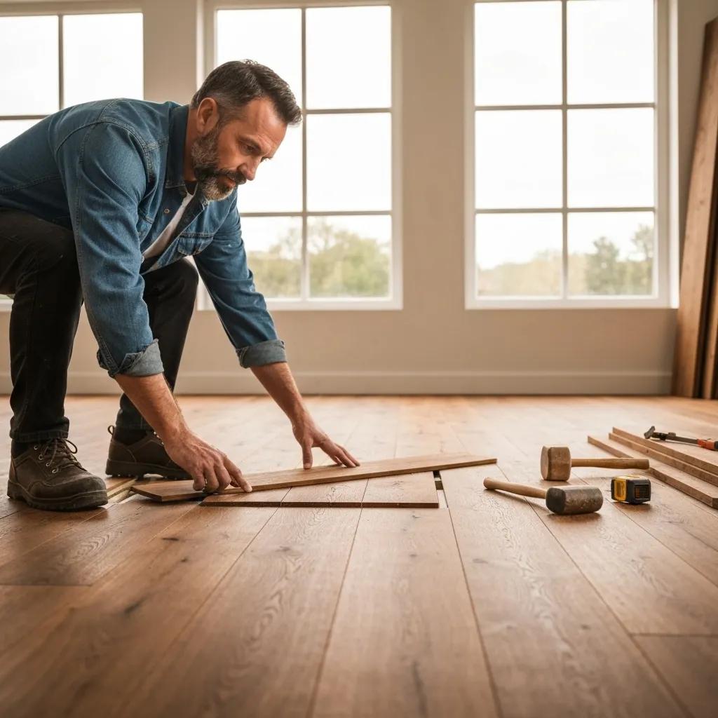 Professional installing rustic oak flooring, demonstrating the installation process and craftsmanship in a bright room