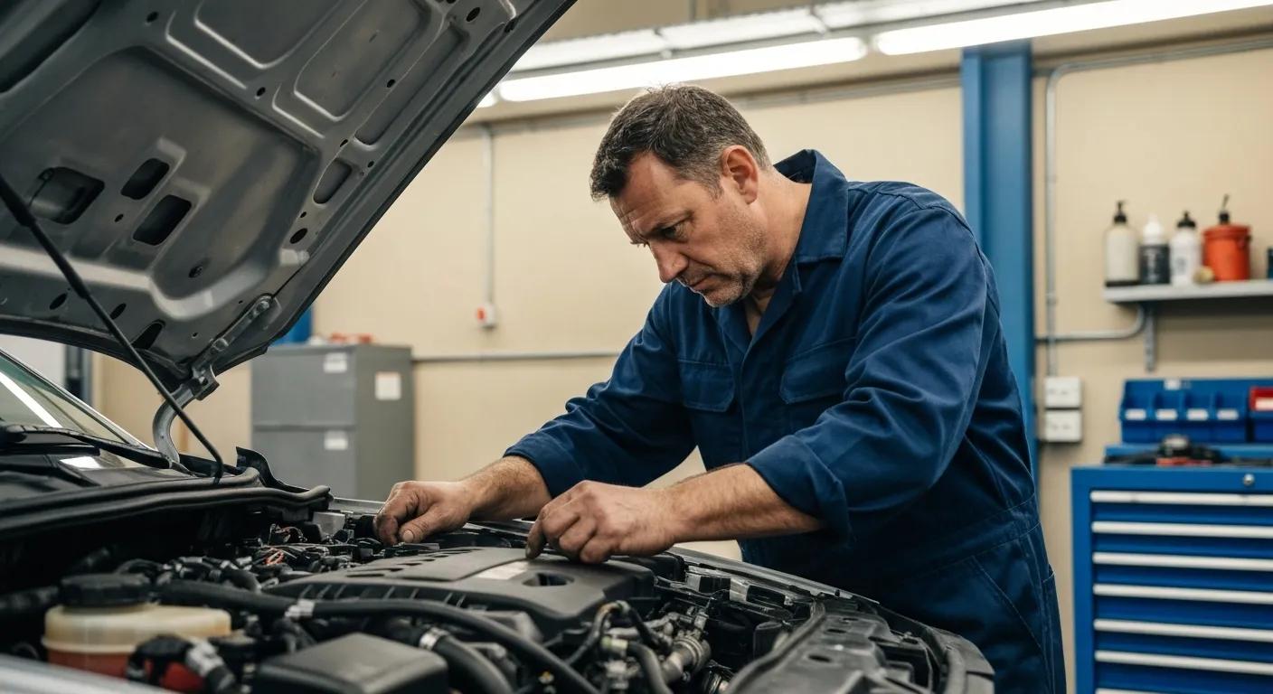Skilled mechanic diligently working on a car engine within a professional garage environment