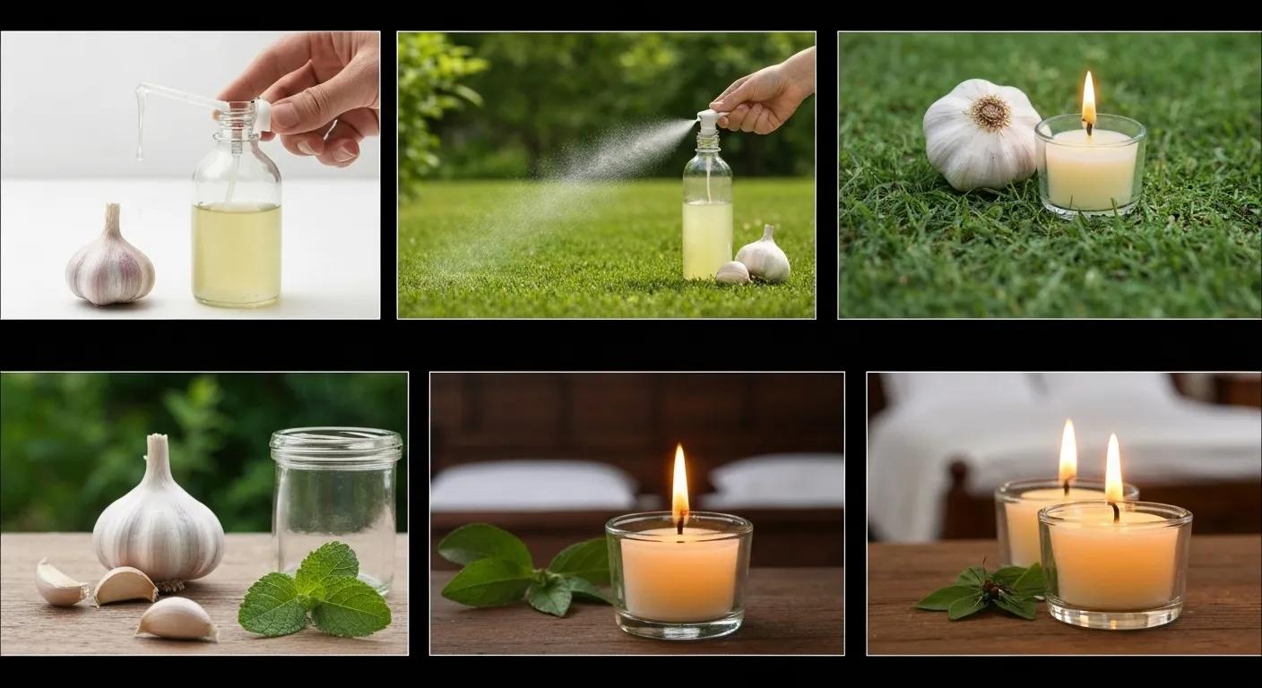 Various natural mosquito repellent methods shown, including garlic sprays and citronella candles
