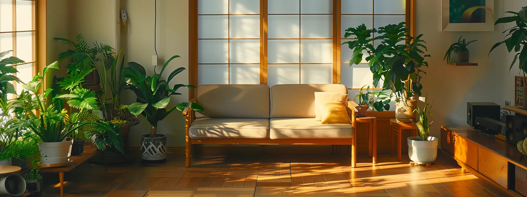 a well-balanced living room with sleek wooden furniture, strategically placed houseplants, and a minimalist aesthetic.