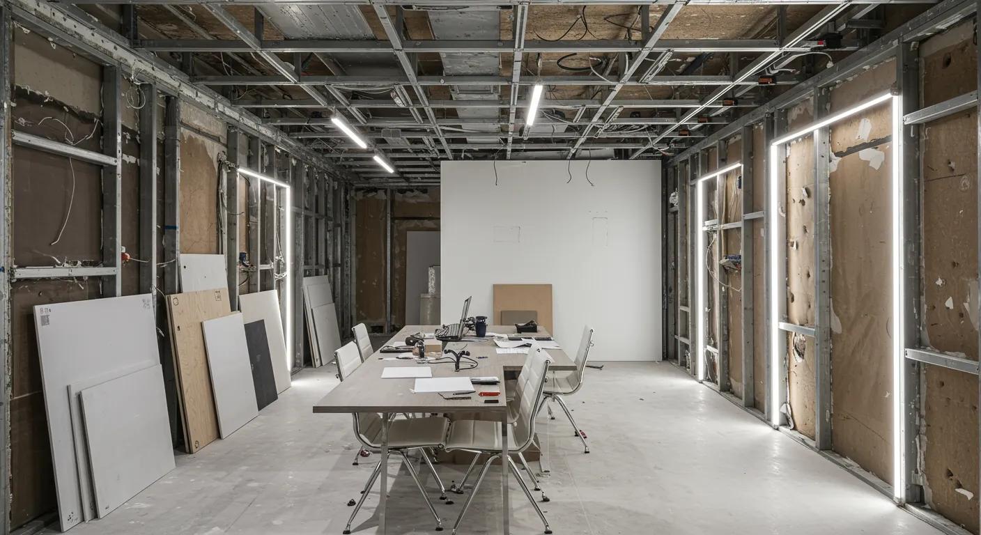 a sleek interior design workspace showcases a partially completed build-out, featuring exposed framing and electrical wiring alongside luxury material samples, emphasizing the meticulous planning and intricate details involved in high-end construction projects. a sleek interior design workspace showcases a partially completed build-out, featuring exposed framing and electrical wiring alongside luxury material samples, emphasizing the meticulous planning and intricate details involved in high-end construction projects.