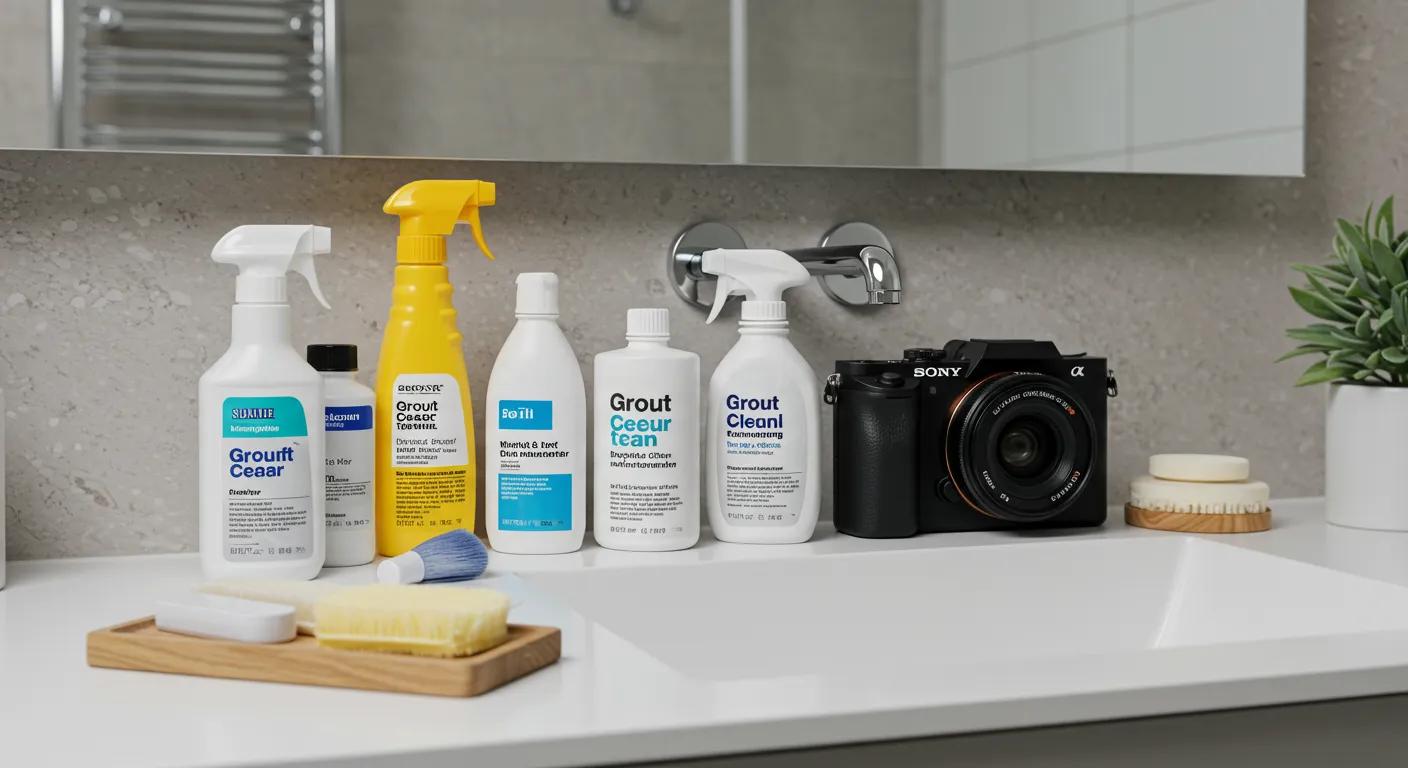 a modern, stylish bathroom featuring an array of essential grout care products meticulously arranged on a sleek vanity, emphasizing cleanliness and efficient summer maintenance.