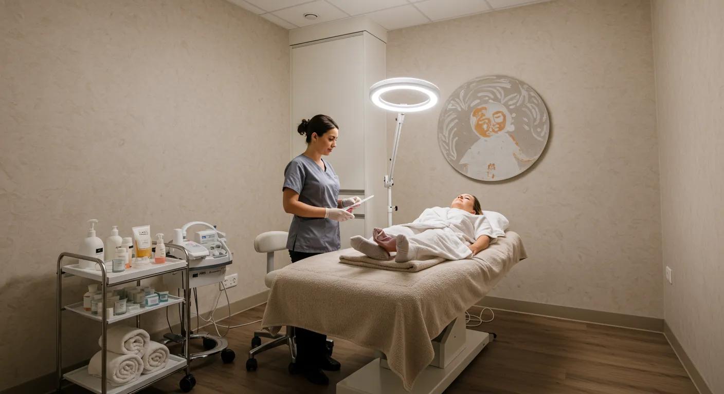 a serene and modern spa room setting, highlighting a plush treatment table and soothing decor, where a focused esthetician offers guidance on post-bikini wax care to a relaxed client in a tranquil, well-lit environment.