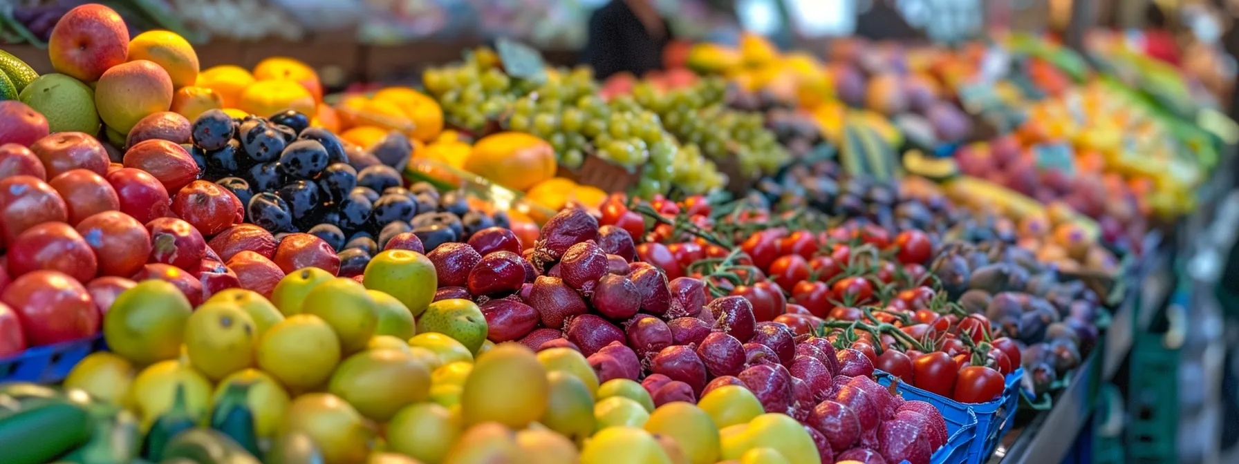 a colorful array of fresh fruits and vegetables displayed in a vibrant market stall.