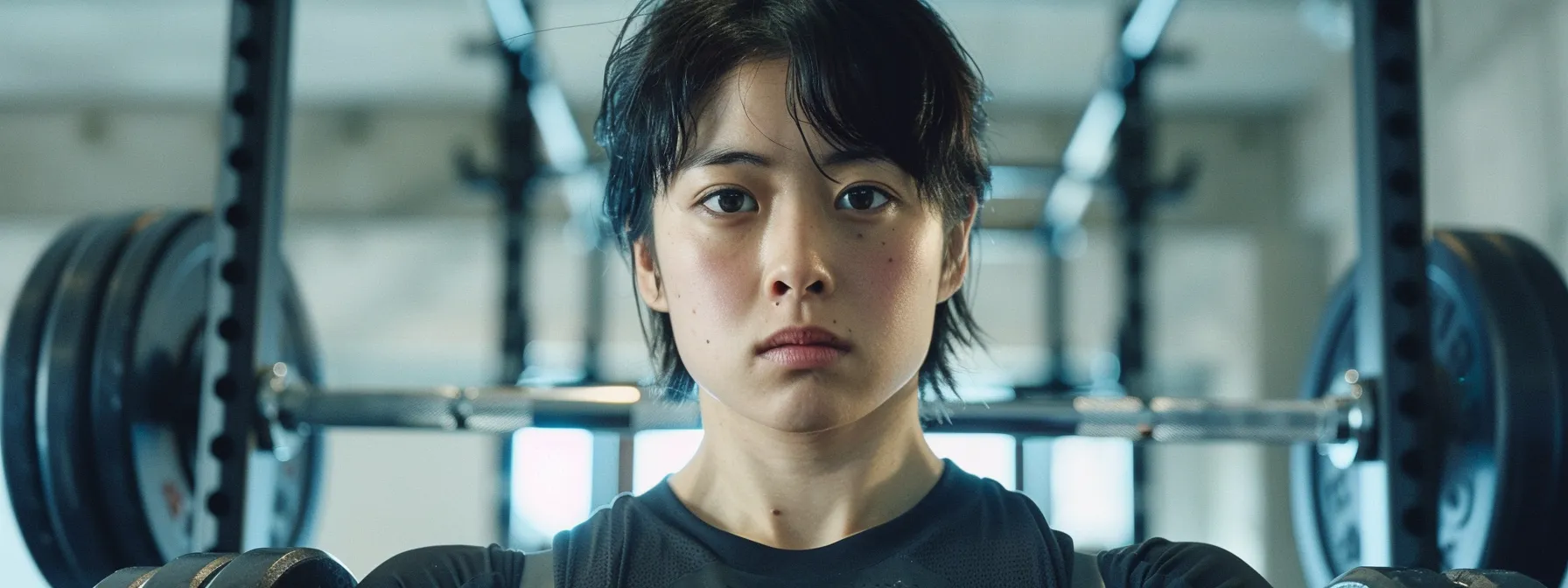 a person standing in a gym, focusing on weightlifting equipment with a determined expression on their face.