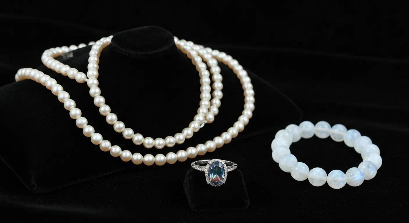 Exquisite jewellery featuring June's birthstones: a classic pearl necklace, a stunning alexandrite ring, and an ethereal moonstone bracelet.