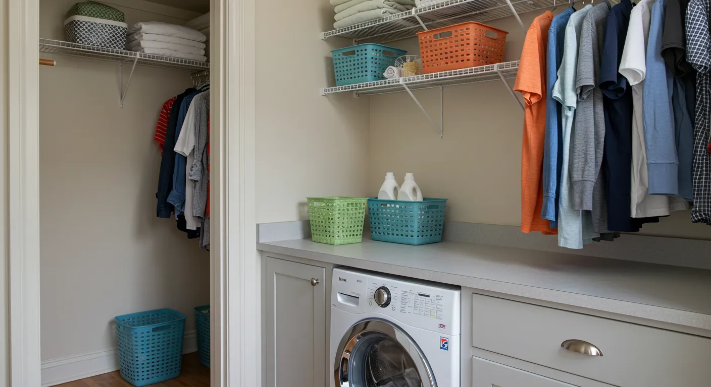 Compact laundry space connected to a bedroom closet with efficient storage