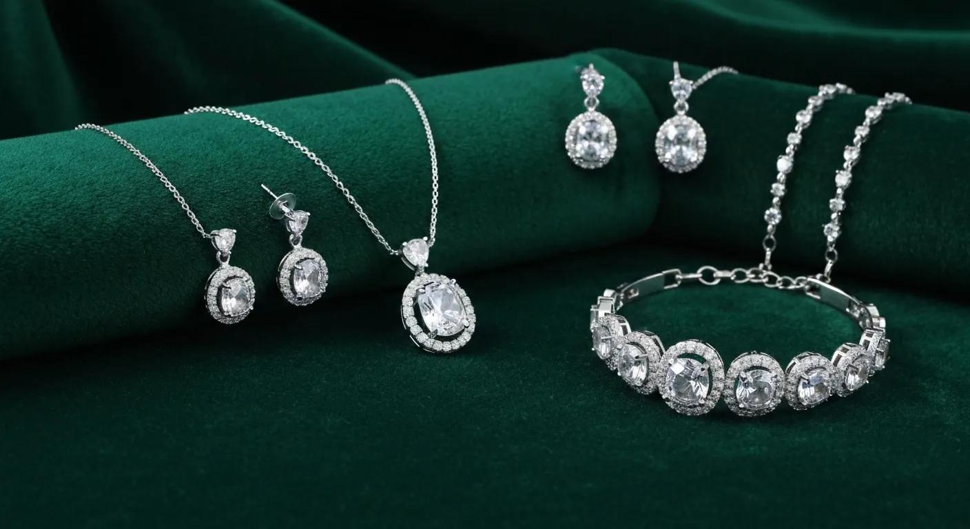 Elegant sterling silver jewellery set with cubic zirconia on a velvet background