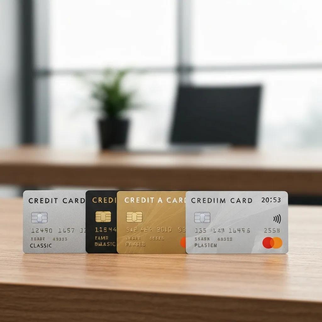 Imagen que muestra diversas tarjetas de cr&eacute;dito sobre una mesa, ilustrando los distintos tipos y sus caracter&iacute;sticas