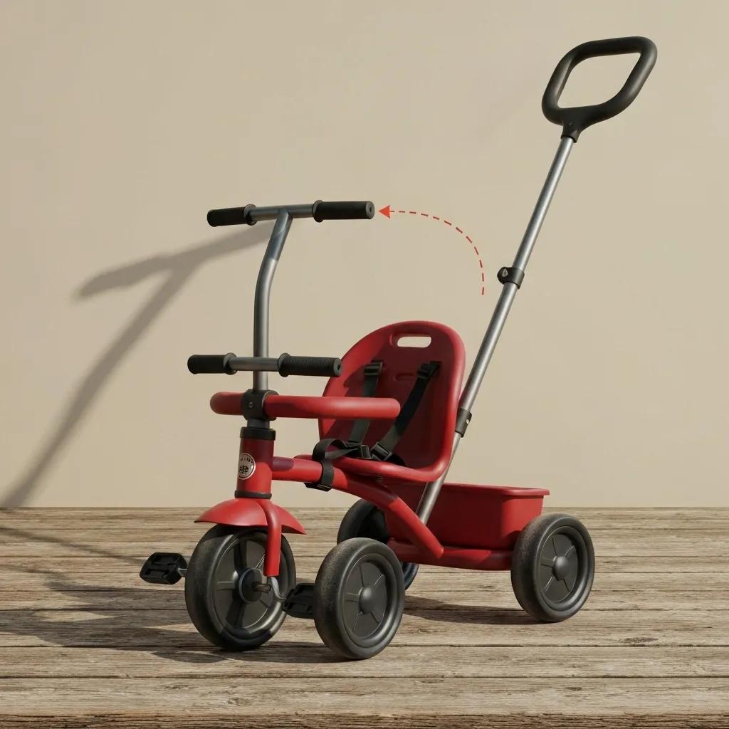 Close-up of a push trike showcasing its parent handle, high back support, and safety harness features