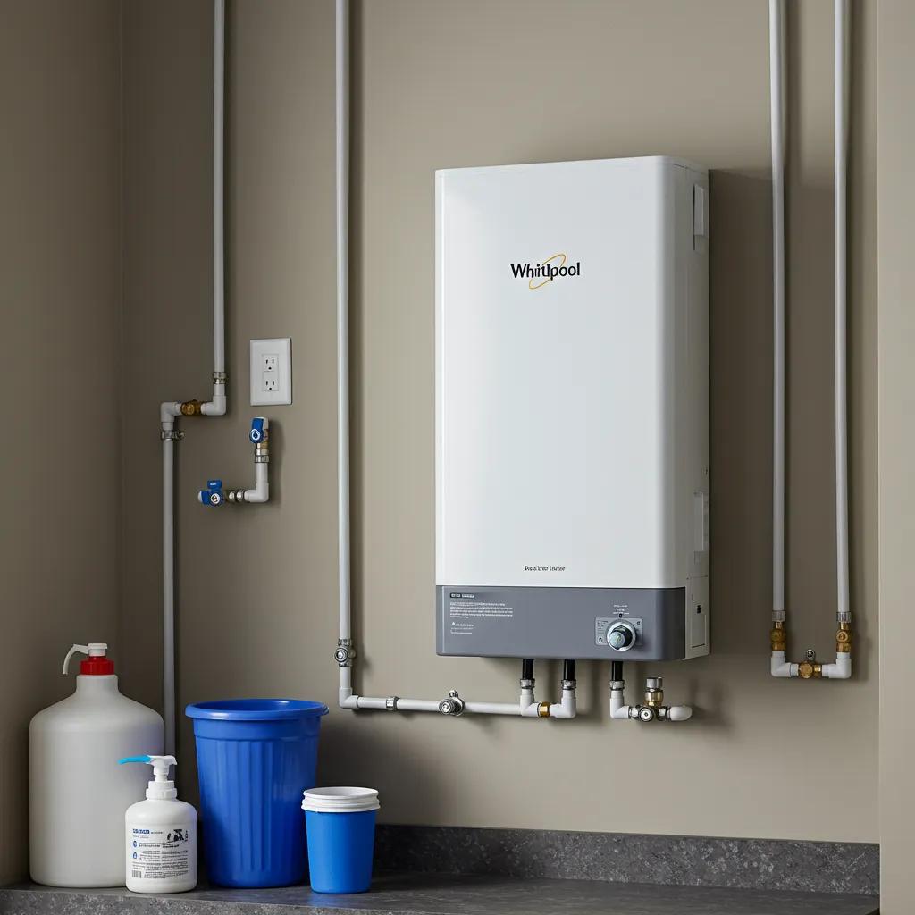 Whirlpool whole house water filtration system installed in a clean utility room