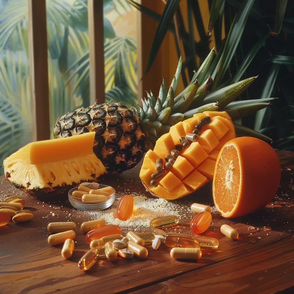 Variety of digestive enzyme supplements and natural sources like papaya and pineapple on a kitchen table