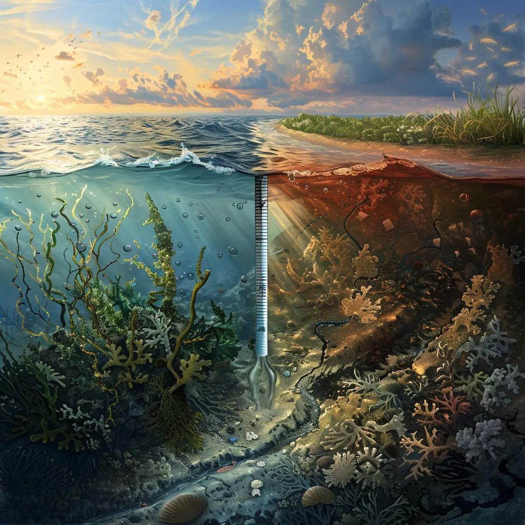 Illustration of causes of Sargassum blooms: warming ocean and agricultural runoff Illustration of causes of Sargassum blooms: warming ocean and agricultural runoff
