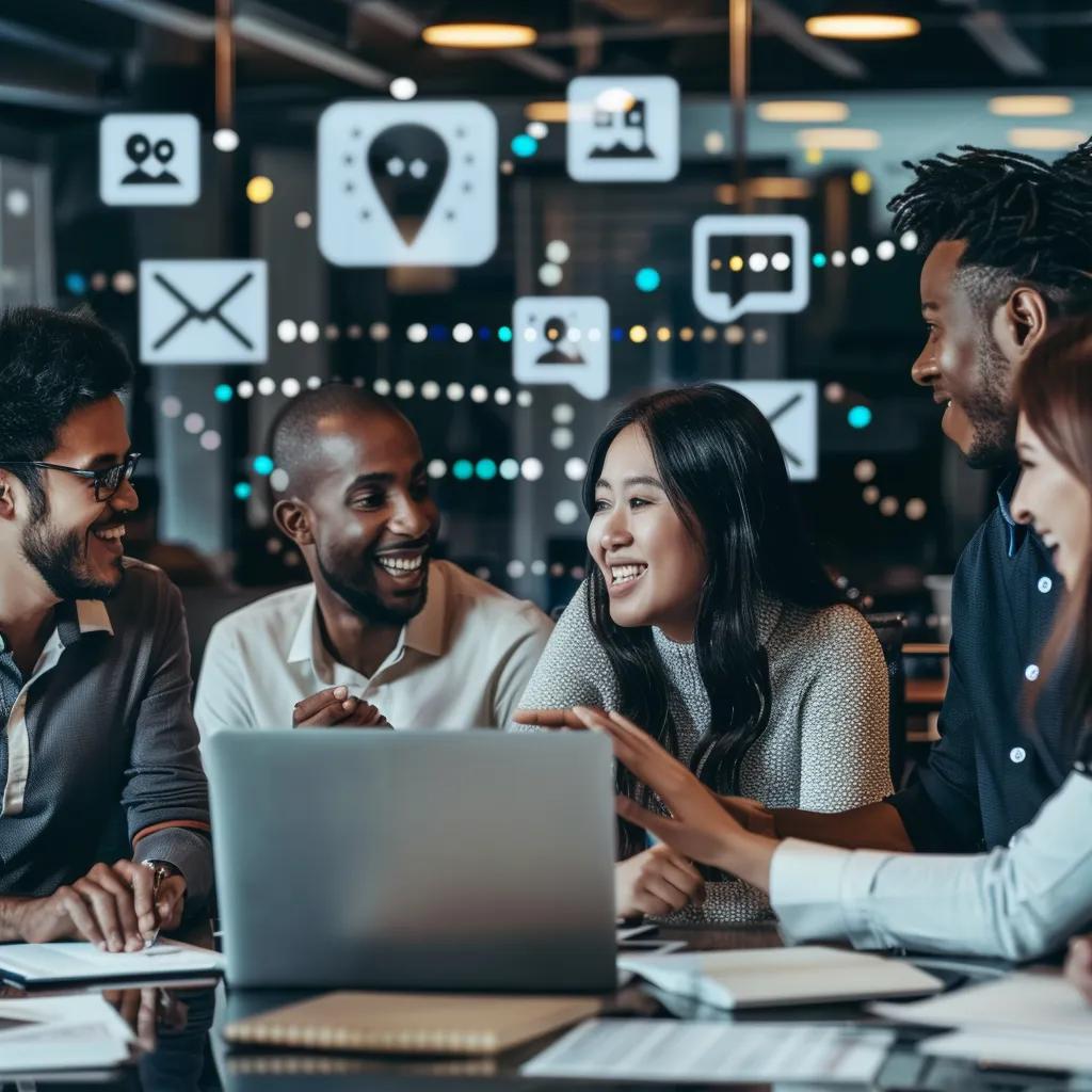 Business professionals collaborating on reputation marketing strategies in a modern office