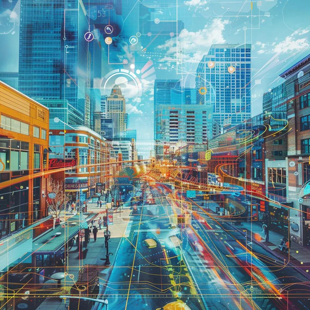 Denver cityscape with digital marketing elements representing growth and innovation