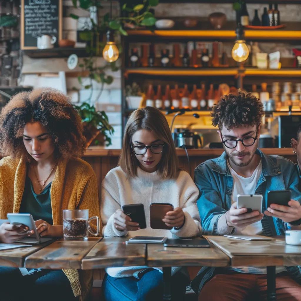 Group of people engaging with social media in a cozy coffee shop