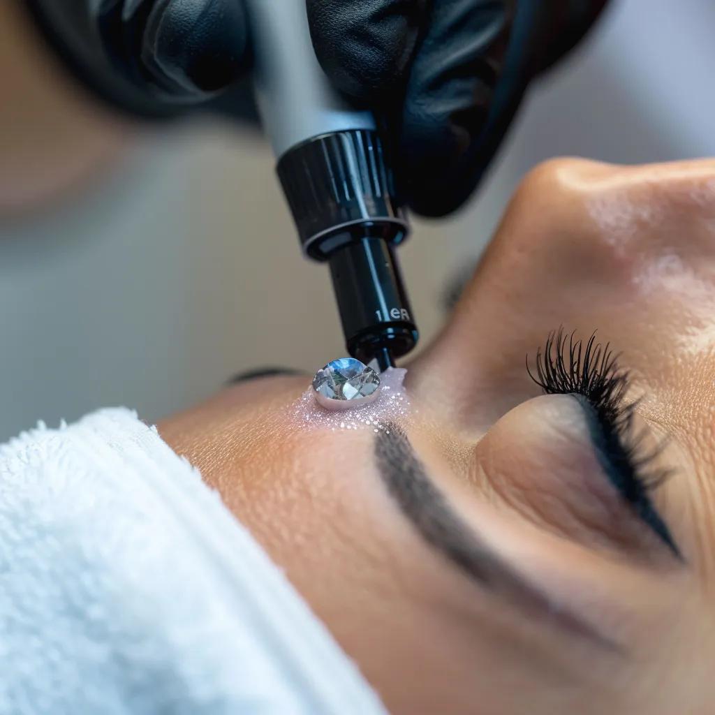 Close-up of diamond-tipped wand in use during microdermabrasion, showcasing skin rejuvenation