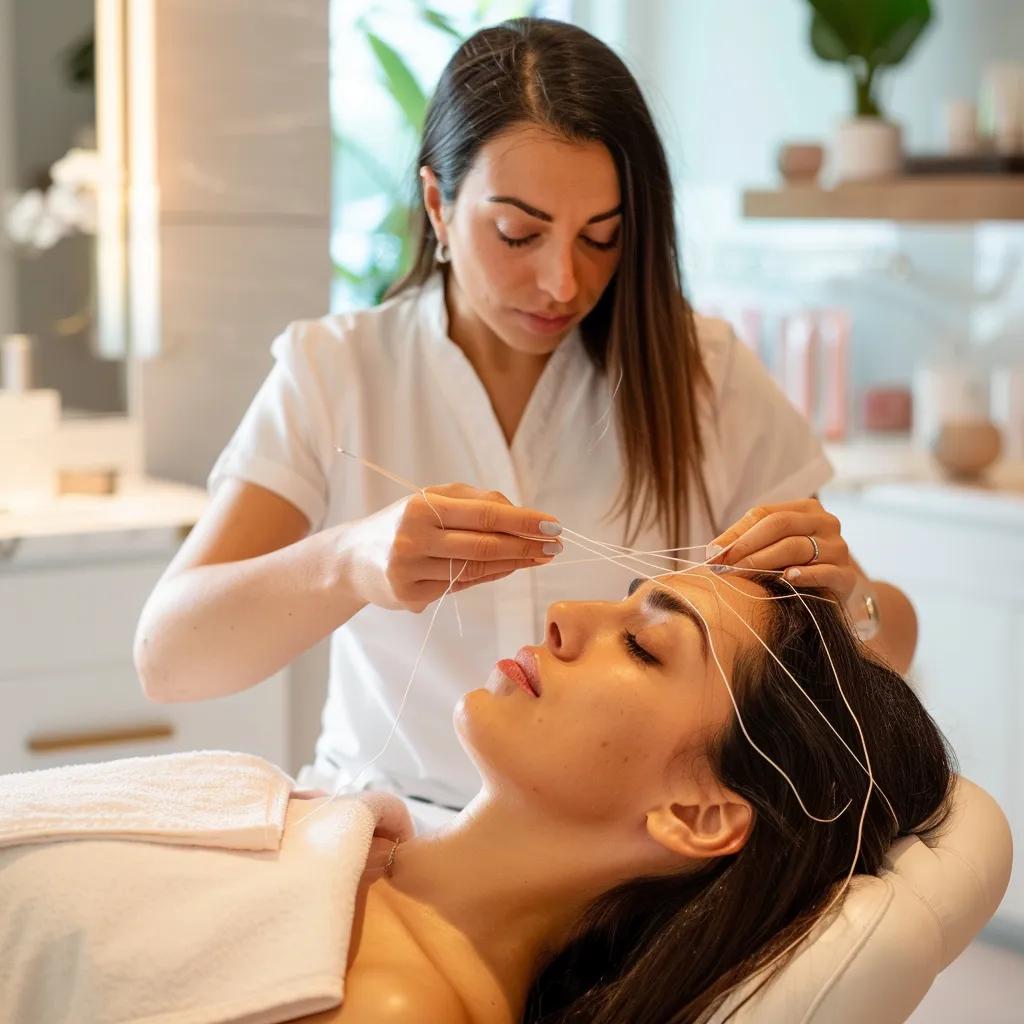 Aesthetician performing facial threading in a modern Brooklyn salon, highlighting precision hair removal techniques