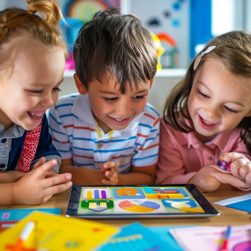 Children engage with financial literacy through a gamified budgeting app on a tablet, surrounded by educational materials that foster learning