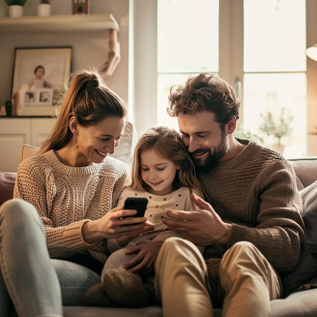 A family actively uses a budgeting app on a smartphone within a comfortable living room setting, illustrating the integration of technology in financial management