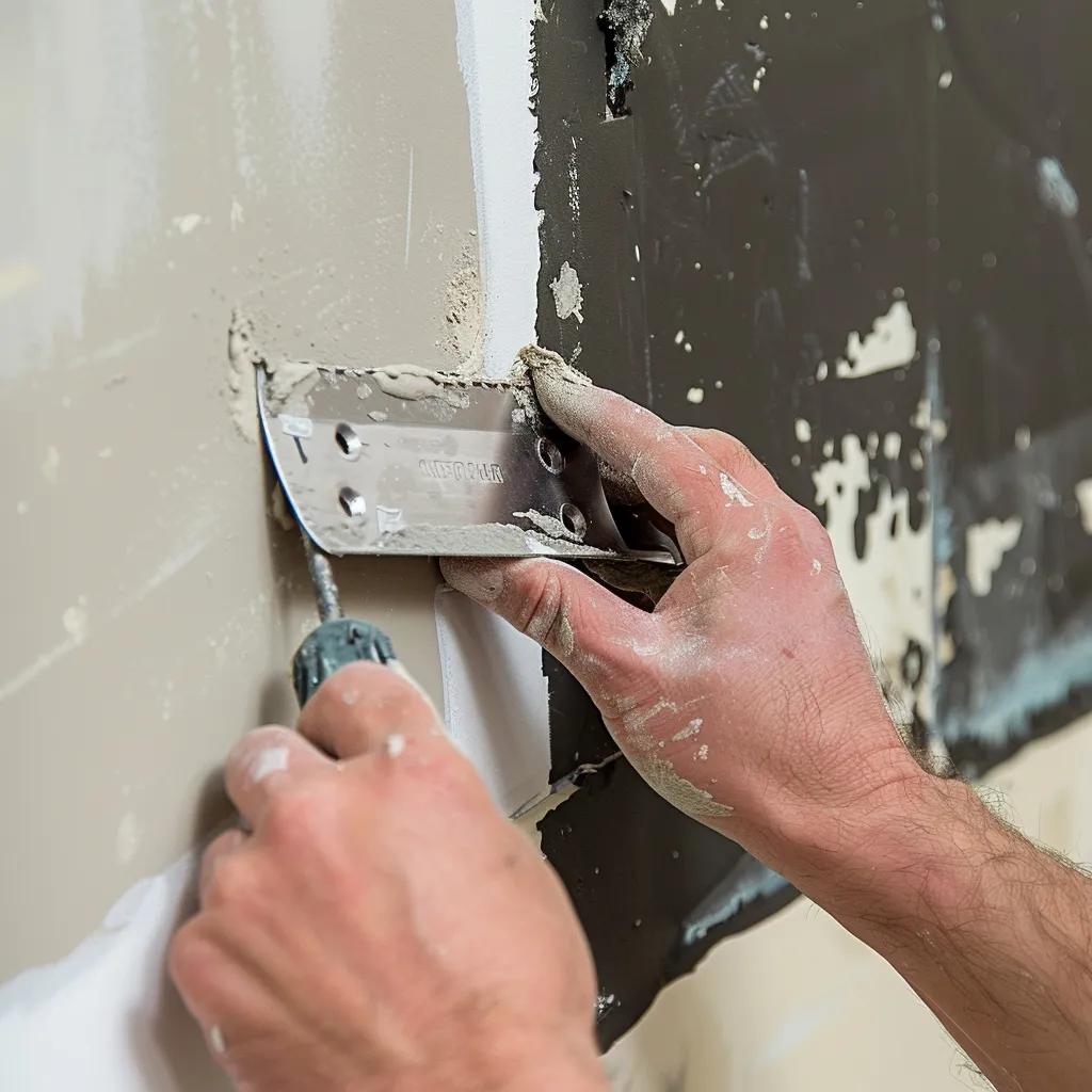 Person expertly using the California patch method to repair a medium-sized drywall hole Person expertly using the California patch method to repair a medium-sized drywall hole