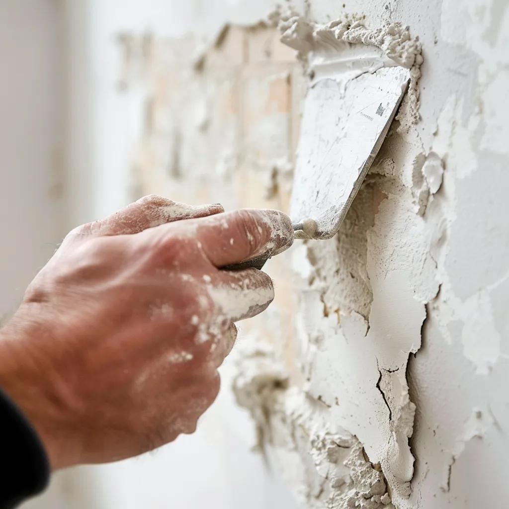 Person skillfully repairing drywall with tools in a bright, inviting home setting Person skillfully repairing drywall with tools in a bright, inviting home setting