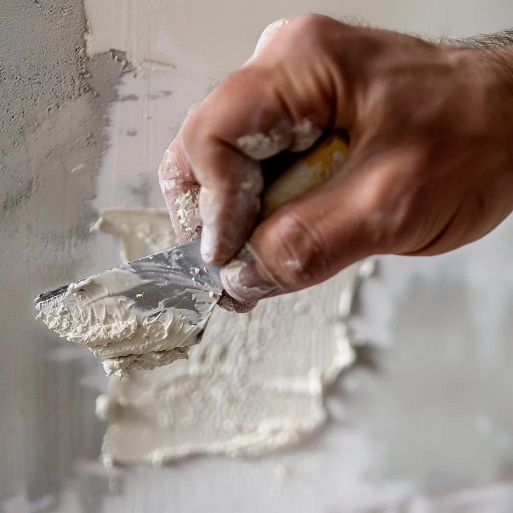 Close-up of a hand expertly applying spackle to a small drywall hole Close-up of a hand expertly applying spackle to a small drywall hole